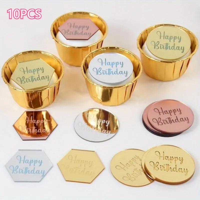 10pcs Happy Birthday Cake Toppers Gold Gold Acrylic Round Cupcake Toppers For Kids Birthday Baby Shower Party Cake Decor Tools Birthday Cake Decorations Cake Decorating Supplies