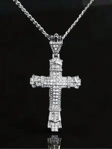 Hiphop Brand Full Diamond Crown Cross Pendant Necklace, Stainless Steel Unisex Jewelry, Casual Style, All Seasons Wear