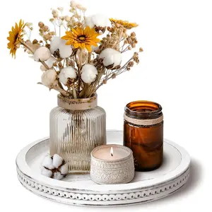 Decorative Serving Tray Wood-Wooden Tray for Decor, White Farmhouse Bead Round Trays for Coffee Table Decor, Rustic Centerpiece for Living Room Kitchen Counter, Entryway