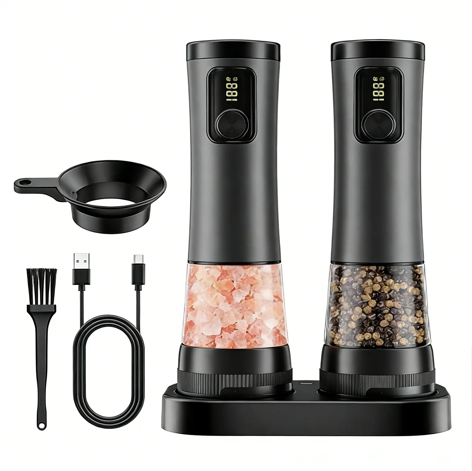 Adjustable LED Salt and Pepper Grinder Set,Automatic Pepper with Light,USB Charging, Stainless Steel Spice Grinder with Storage Base for Kitchen & BBQ  Utensils,summerwins