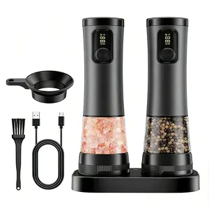 Adjustable LED Salt and Pepper Grinder Set,Automatic Pepper with Light,USB Charging, Stainless Steel Spice Grinder with Storage Base for Kitchen & BBQ  Utensils