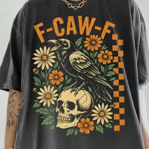 Crow Raven Shirt, F-CAW-F Funny Halloween Tee, Gothic Floral Checkered Shirt, Dark Bird Tee, Crow Bird Humor Shirt