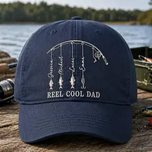 (Custom in Description) Personalized Reel Cool Dad Embroidered Cap, Custom Fishing Dad Hat, Fisherman Grandpa Gift, Papa Fishing Hat with Kids Names, Fathers Day Cap