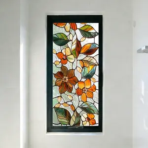 45x100cm Static Cling Glass Film No Glue Removable Vintage Stained Glass Floral Pattern Window Sticker for Living Room Restaurant Home Decoration Self Adhesive Window Film Reusable Home Renovation Decor