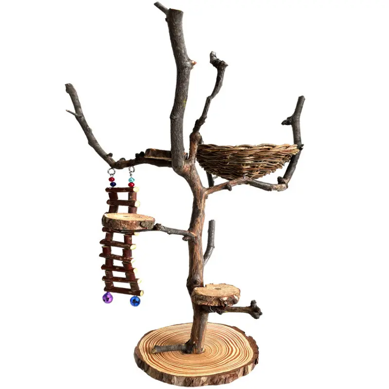 Natural Tree Branch Wood Bird Perch Sets - 35cm High Floor Standing Training Stand Enrichment Tool with Nest, Ladder, Platform, Swings; 30cm High Synthetic Desktop Accessory for Cockatiel Parrot, Small Birds, No, Tree Branch Look, Wooden Branches, 40Cm Hi