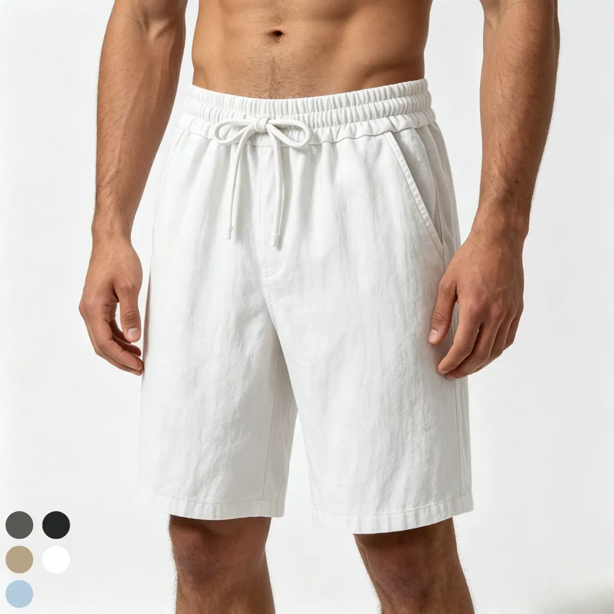 Men’s summer linen shorts with drawstring waist, straight cut, lightweight, casual and versatile