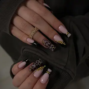 Household daily necessities 24Pcs Y2K Style Press on Nails Long Square Fake Nails Black French Tip Full Cover Glue on Nails Dark Leopard Print with Golden Rhinestone Acrylic Design Glossy Stick on Nails for Women Supply Manicure