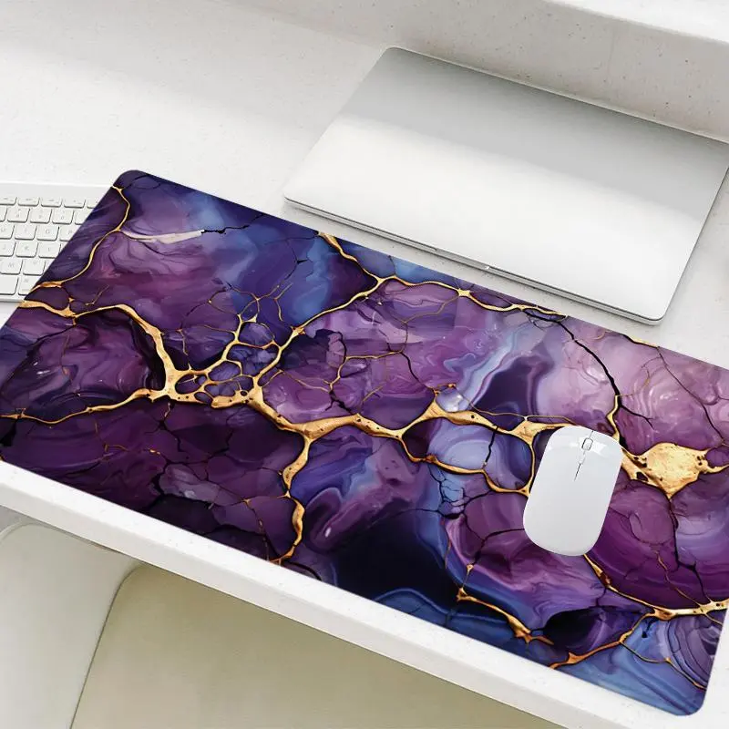 Large Purple Marble Texture Mouse Pad, Rectangle Gaming Mouse Pad, Non-Slip Rubber Base Stitched Edge Desk Pad for Home Office Game Room