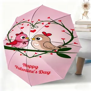 Pink and brown bird heart-shaped branch waterproof folding umbrella, suitable for both men and women, portable and suitable for travel and everyday use.