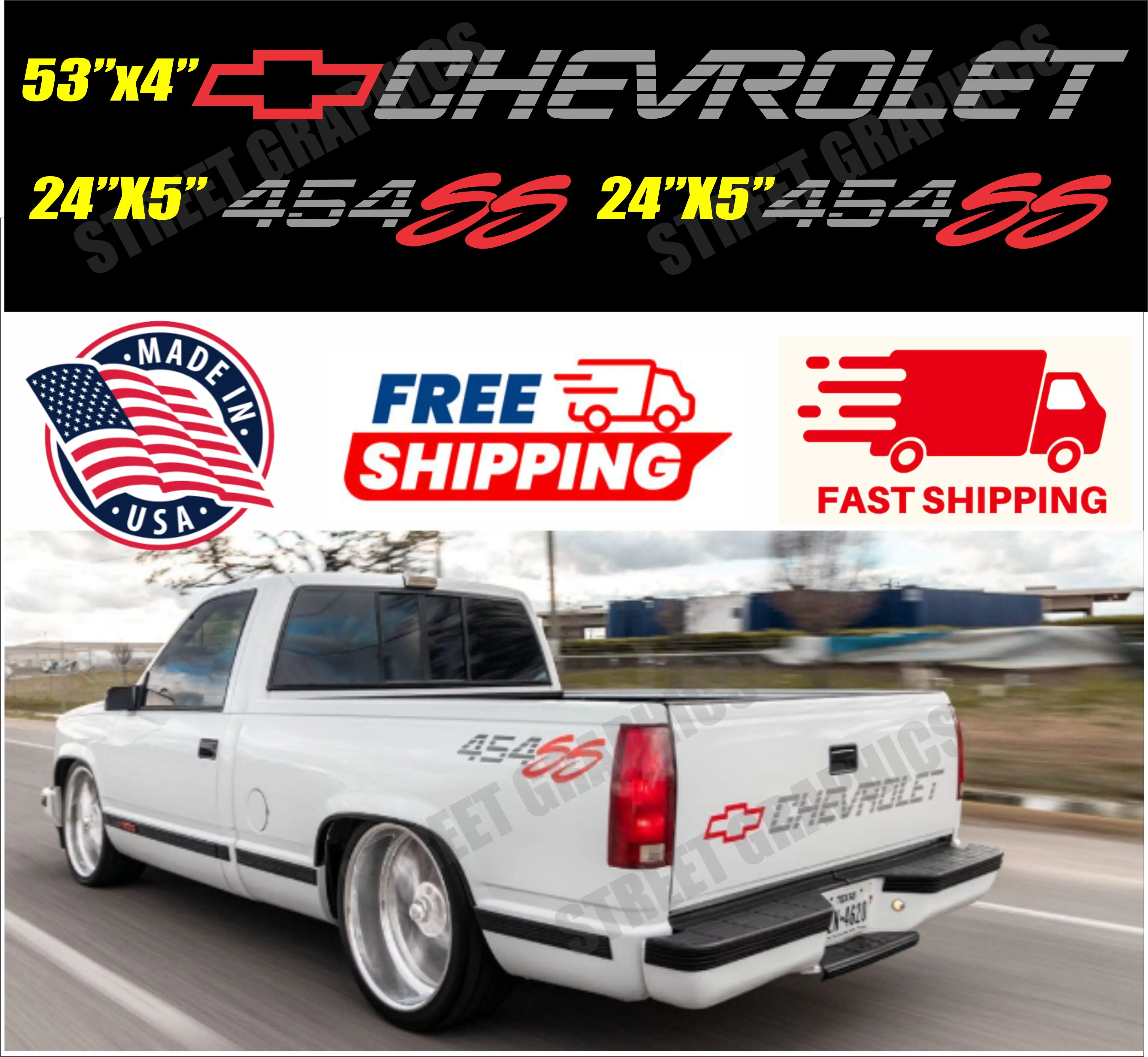 Chevrolet 454 SS Vinyl Decal Kit – 3 Piece Set (Side & Tailgate) | Waterproof Truck Graphics