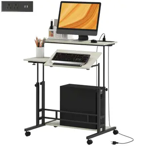 Oak Adjustable Standing Desk with Power Outlets, Tiltable Tabletop, Rolling Wheels, and Storage Shelf for Home Office Computer Workstation