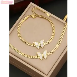 Women's 2-Piece Elegant Butterfly Jewelry Set - Gold-Tone Stainless Steel Gold Necklace & Bracelet with White Shell Motif, Delicate Accessory, Gifts for Women, Gold Necklace Women summerwins
