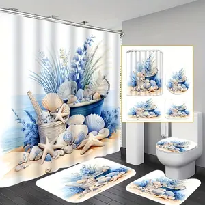 Shell & Starfish Pattern Bathroom Decorations, 4 Counts/set Including Shower Curtain & Toilet Lid Cover & Mat & U-shaped Mat, Bathroom Accessories