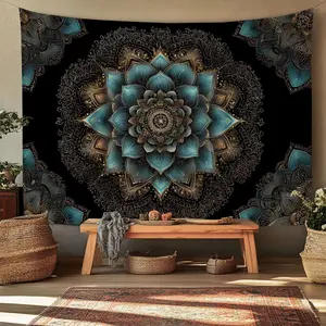 1pc  Decorative wall hanging Mandala Floral Pattern meditation bedroom living room home decor artwork bohemian style aesthetic large rectangular printed boho wall art tapestry modern design black and gold teal blue Tapestry