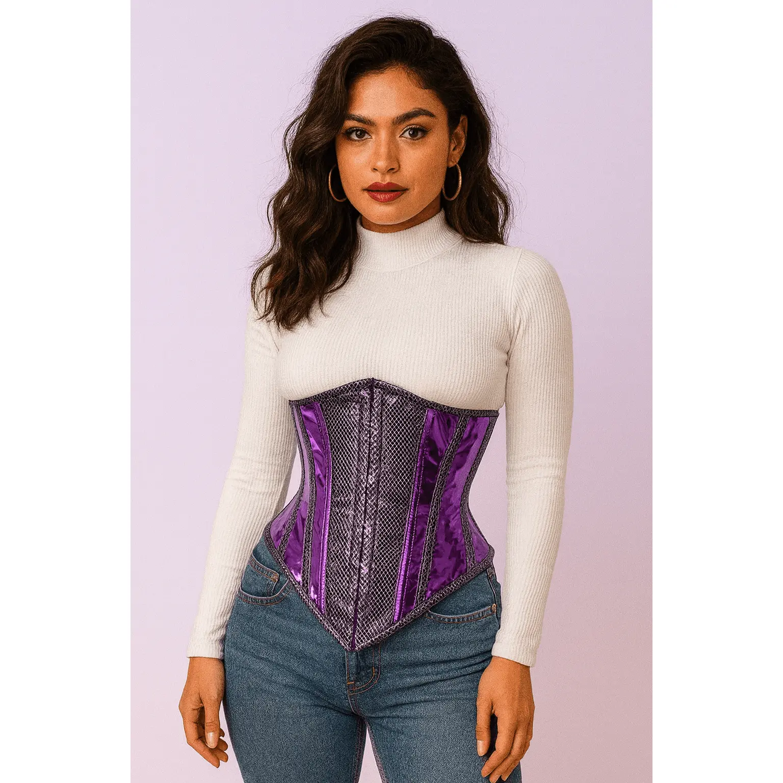 Purple PVC Corset Top - Longline Under Bust Corset with Cord Lacing and Steel Busk Womenswear