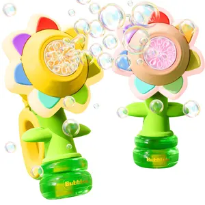 Sunflower Shape Bubble Machine Double Fun Rich Bubble Maker Toy with LED Light Dancing Action Dual Bubble Gun Set for Outdoor Bath Play