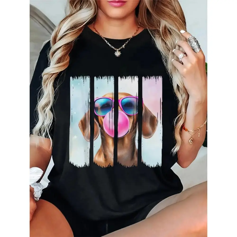 100% Cotton Unisex Doxie Dog Blowing Bubblegum Wearing Glasses Cute Dachshund T-ShirtArtWearLab