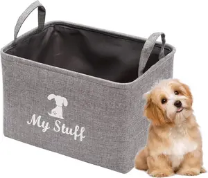 Geyecete Canvas Dog Toy Storage Basket Gray 38x27x25cm Collapsible Lightweight Ideal for Pet Toys Blankets Clothes Organizational Solution