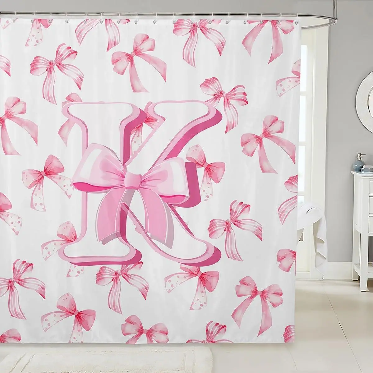 Cute Pink Bow Shower Curtain Bath Monogrammed Bath Curtain Personalized Initial K Waterproof Polyester Fabric Coquette Bow Knot Bathroom Accessories Modern Fashion