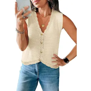 Saodimallsu Womens Sleeveless V Neck Sweater Vest Cropped Button Down Casual Loose Knit Summer Going Out Tops