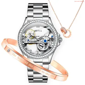 Fashion Brand OLEVS Womens Watch Automatic Mechanical Diamond Skeleton Silver Luxury Dress Waterproof Luminous Watches for Women Gift Box Set