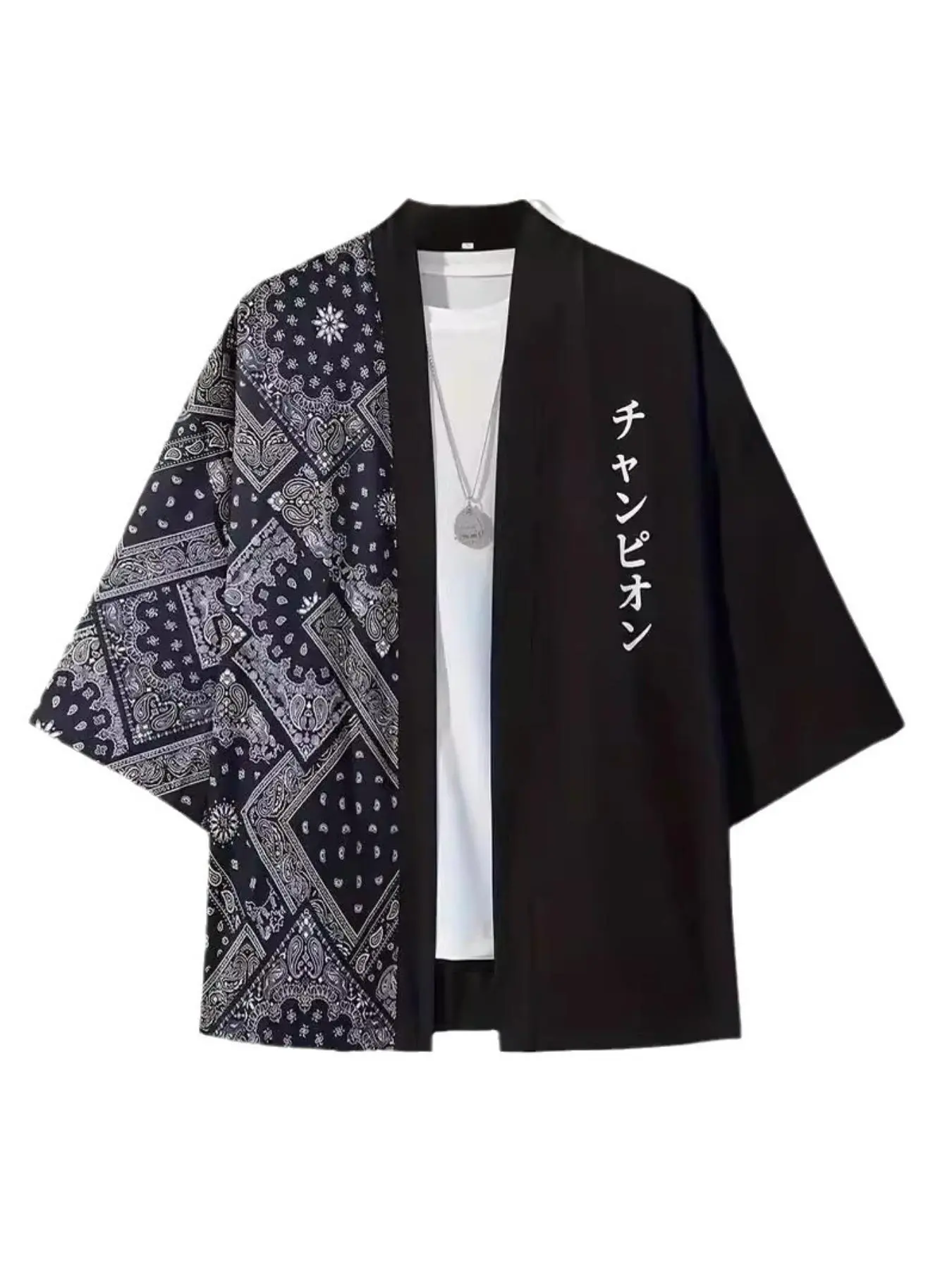 Japanese kimono waist flower fruit printed cardigan, 3/4 sleeve feather woven kimono, loose and trendy fashion style Taoist robe, summer thin sunscreen jacket Outerwear