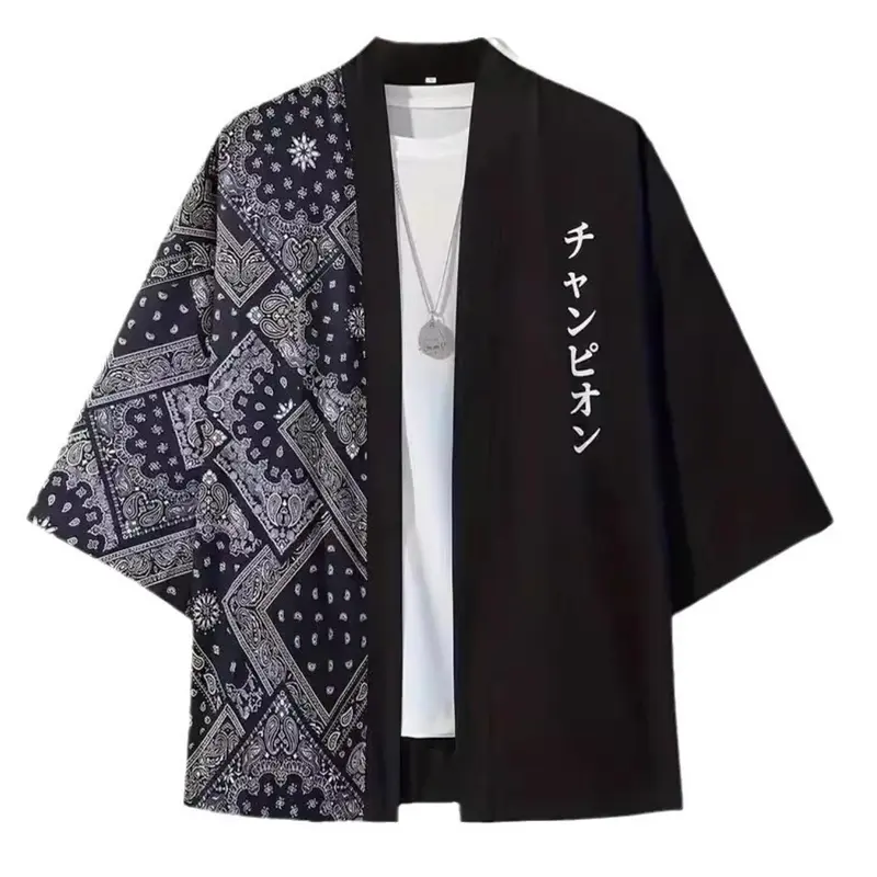 Japanese kimono waist flower fruit printed cardigan, 3/4 sleeve feather woven kimono, loose and trendy fashion style Taoist robe, summer thin sunscreen jacket Outerwear Plaid Clothes
