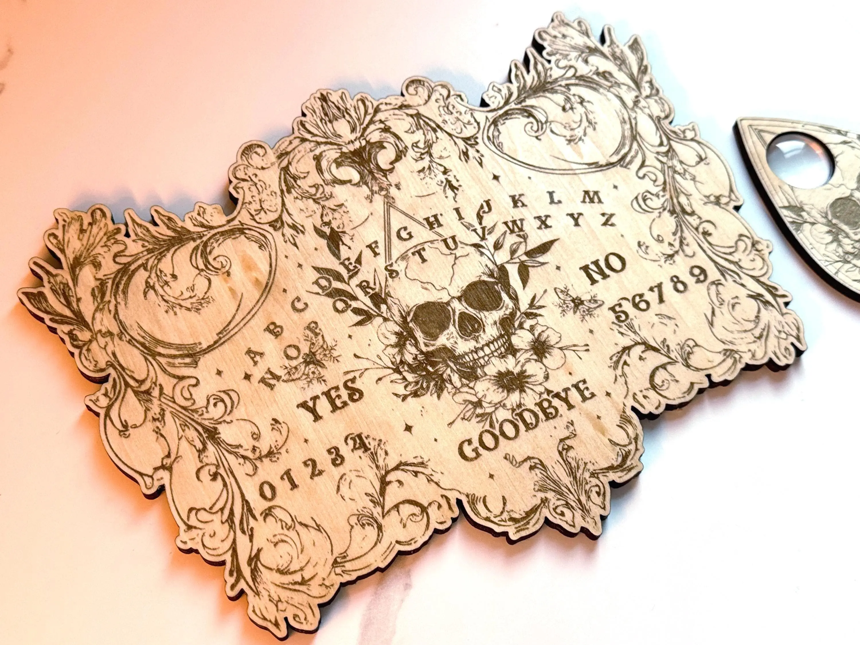 Floral Skull Spirit Board with Planchette Divination Tool, Spirit Communication