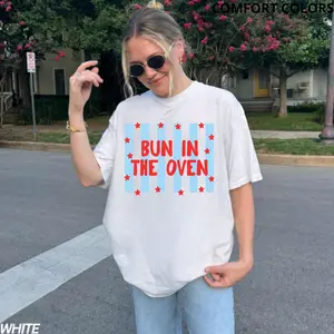 Bun In The Oven Pregnancy Announcement Shirt Funny 4th Of July Graphic Tee Comfort Colors Oversized T Shirt Cute Patriotic Maternity Reveal Shirt Casual Summer Unisex Top