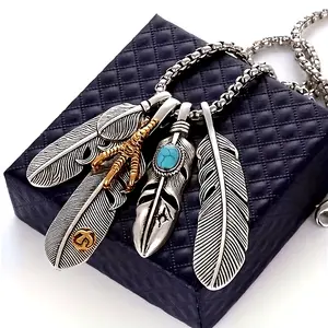 Men's 4pcs Trendy Feather Pendant Necklaces - Hip Hop Street Style Long Sweater Chains, All-match Chain Jewelry Accessories, Chain Jewelry Necklaces