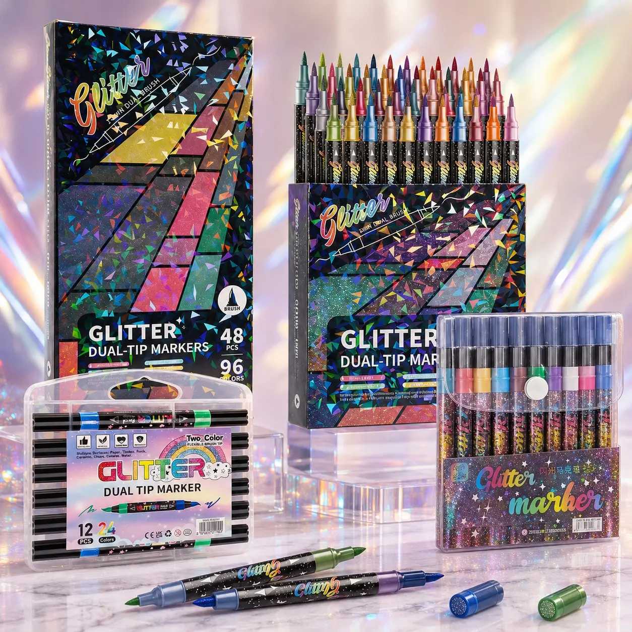2026 Glitter Effect Brush Markers,12/24/48 Pcs Dual Tip Glitter Pens Set Metallic Markers for Cards, DIY Crafts, Crafting Supplies, Doodle, Writing, Adults Coloring Books, Drawing Pens, Scrapbooking Glitter Paint Pens