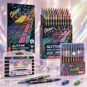 2026 Glitter Effect Brush Markers Pens,12/24/48 Pcs Dual Tip Glitter Pens Set Metallic Sparkle Markers for Cards, DIY Crafts, Doodle, Writing, Adults Coloring Books, Art Supplies Scrapbooking