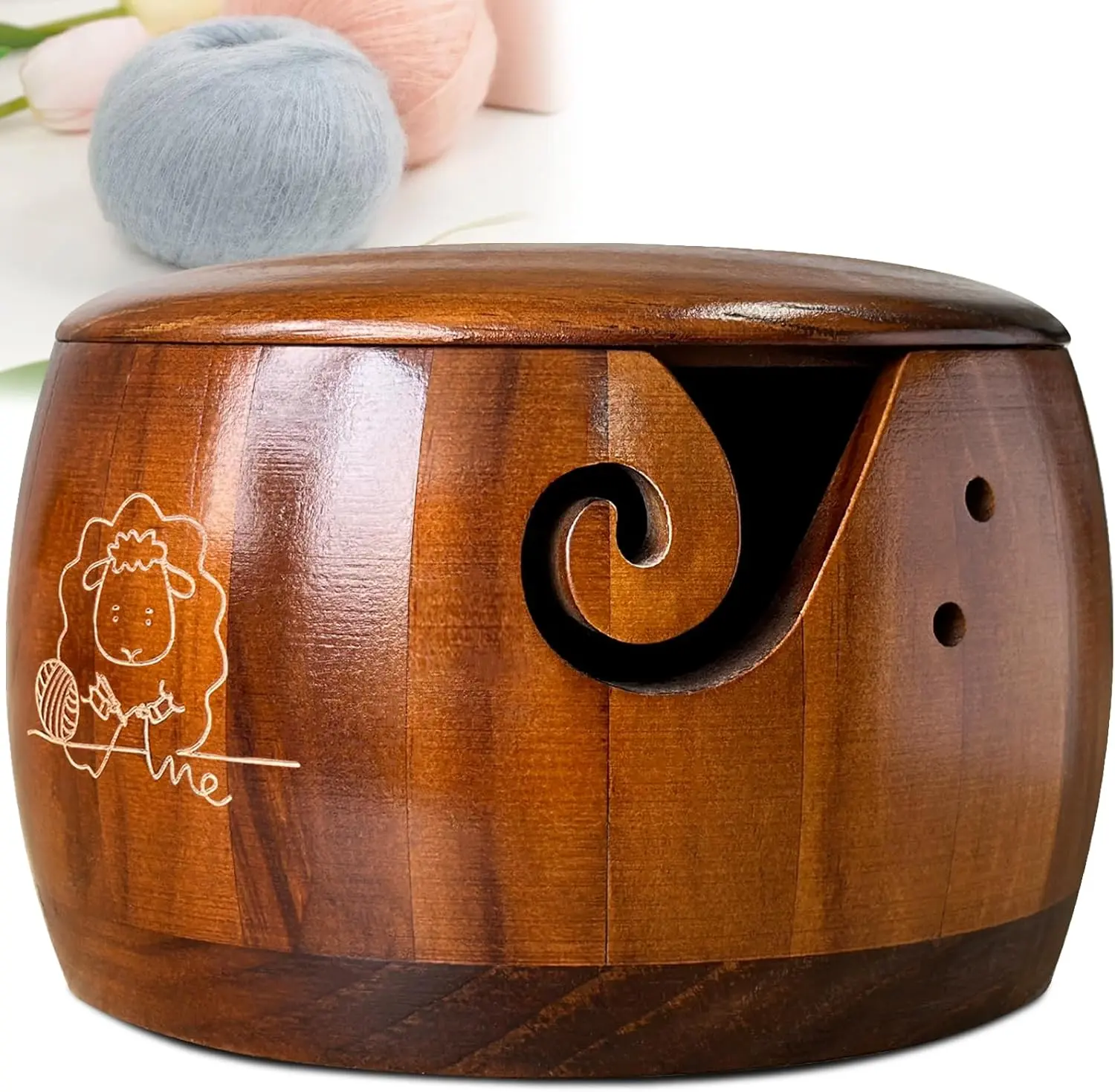 Wooden Yarn Bowl,Yarn Bowl with Lid, Knitting Yarn Bowl with Holes Storage,Yarn Holder Bowl for Crocheting and Knitting 7X4in,Crochet Bowls for Yarn,Knitting Bowl for Handmade Crocheting