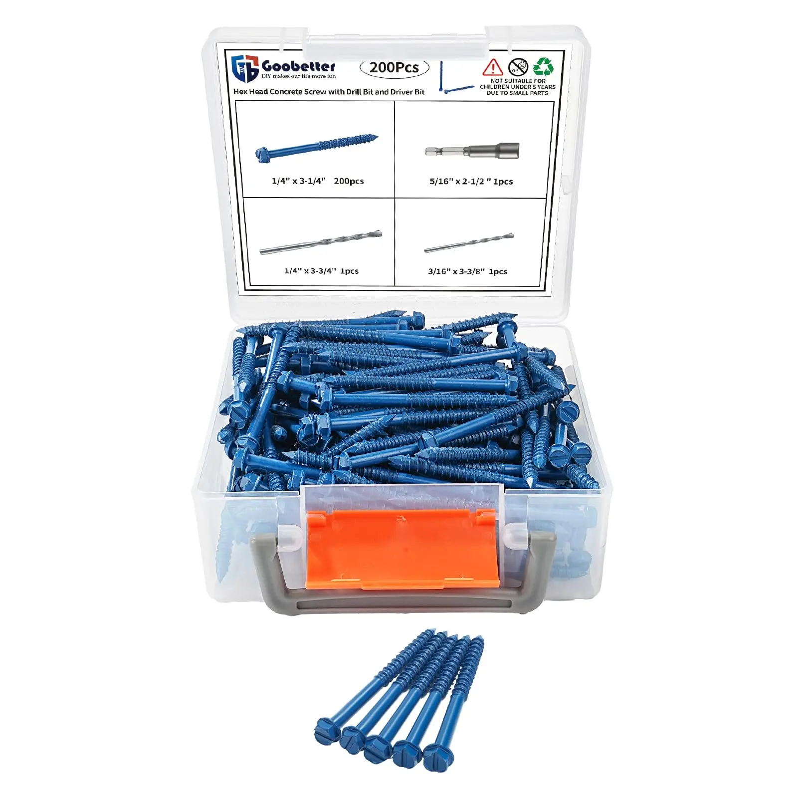 Carbon Steel Hex Head Concrete Screws (200 Pcs, 1/4"-3 1/4"), Blue Rust-Resistant Anti-Rust Self-Drilling Masonry Fasteners with Drill Bit Set & Driver Bits, for Wall, Decks, DIY Projects