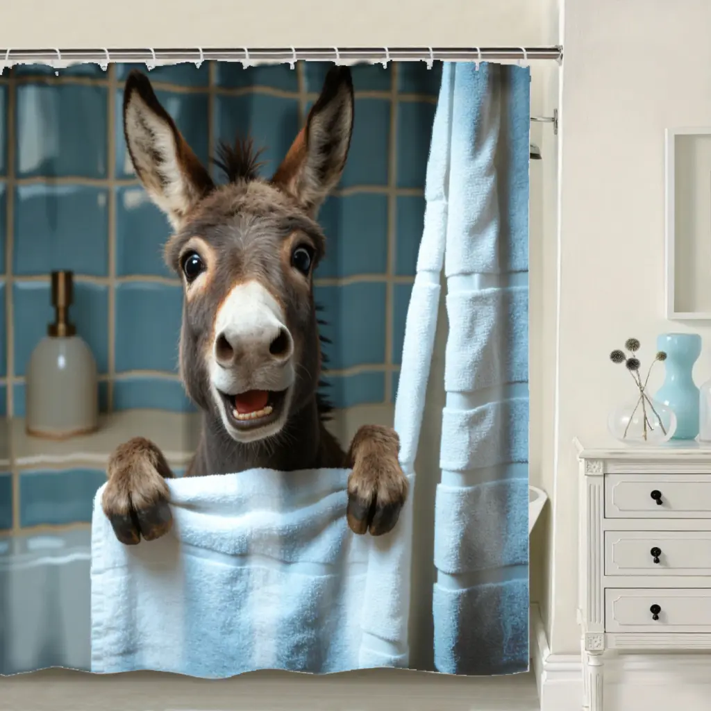 Realistic Donkey Peeking Over Shower Curtain with Hooks - Machine Washable, Easy Installation, Adorable Playful Design, Modern Bath Decor, Home Supplies, Gift for Home Decorators