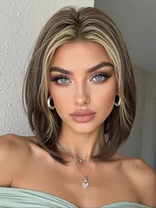 10 Inch Bob Wig Straight Hair Heat Resistant Fiber Synthetic Material Wigs Full Head Cap Natural Look Suitable for Daily Wear