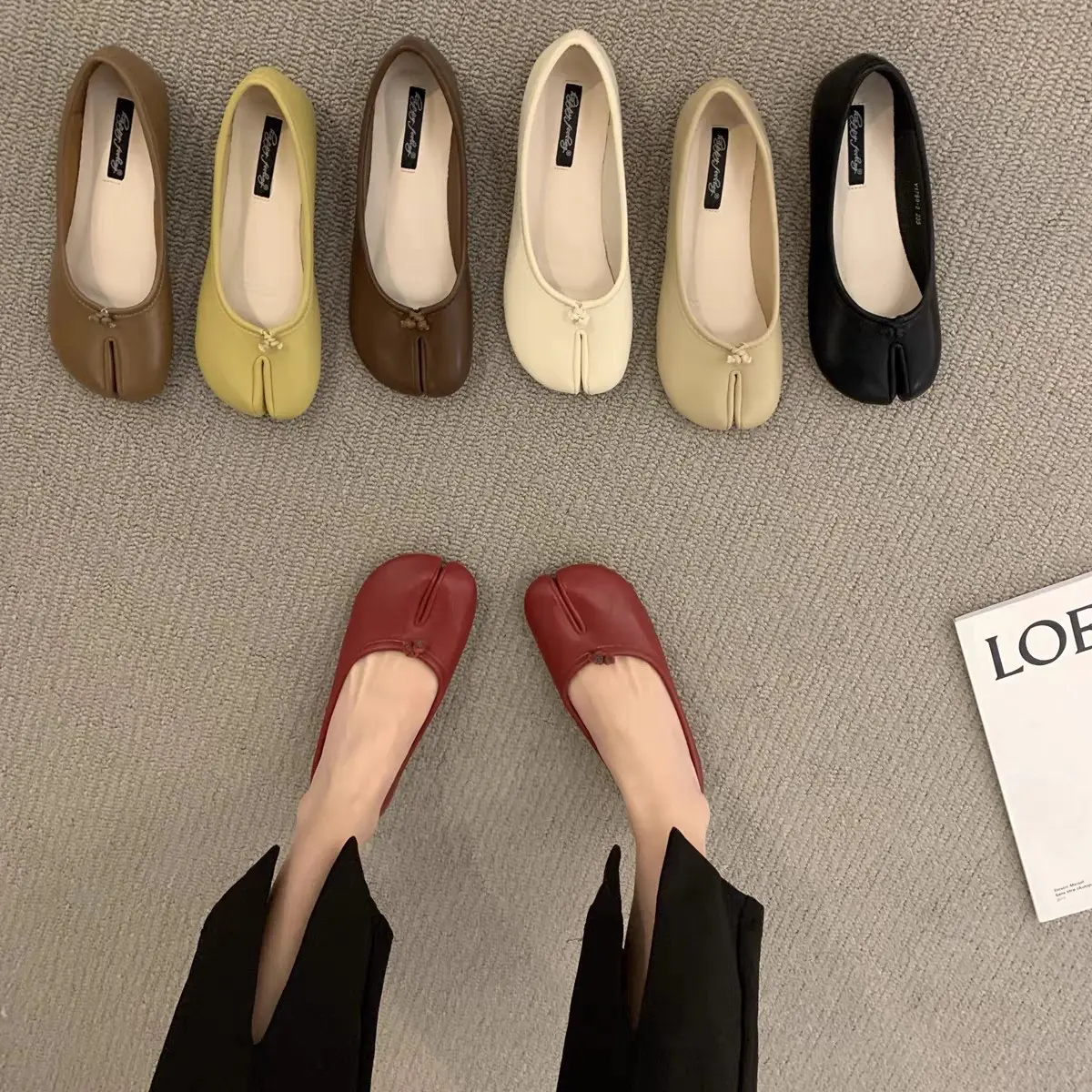 Women's Low-Cut Split-Toe Casual Flats - Microfiber Upper, Rubber Sole, Anti-Slip Slip-On Ballet Loafers for Casual Wear, Anti-Slip Ballet Flats