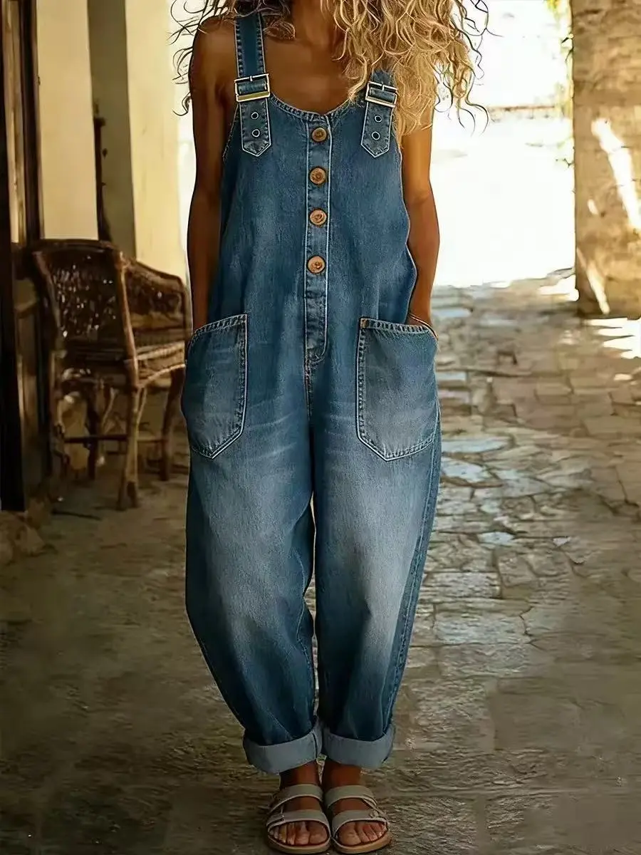 Women's Retro Fitted Denim Overalls, Sleeveless Wide-Leg Style with Pockets, Casual Plus Size Streetwear, Plus Size Clothes