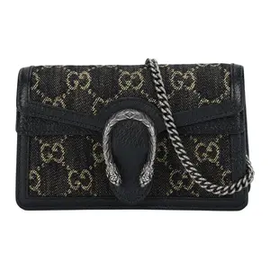 Gucci Dionysus Distressed Monogram Tiger-Head Clasp Chain Strap Handbag, Embroidered Denim and Leather, Ultra-Mini Crossbody Shoulder Bag for Women, Black