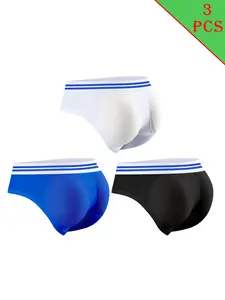 Men's 3-Pack Butt-Enhancing Trunks - 60/35/5 Nylon Cotton Blend, Elastic Breathable Wear, Sculpting Sports Briefs, Interchangeable Mesh Pads, Detachable Cup Hip Pads, Glow Trim Accents, Workout Gym Underwear 2024