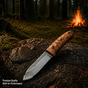 Damascus Survival Knife | Premium Wood Handle Fixed Blade Hunting Knife with Stone Tip