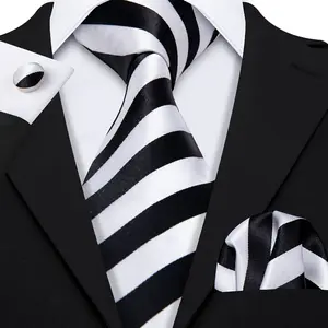 Elegant LINEZISEID Men's Striped Necktie, Cufflink & Handkerchief Set in Black and White - Polyester, Woven Style for Business & Parties, Ideal Gift