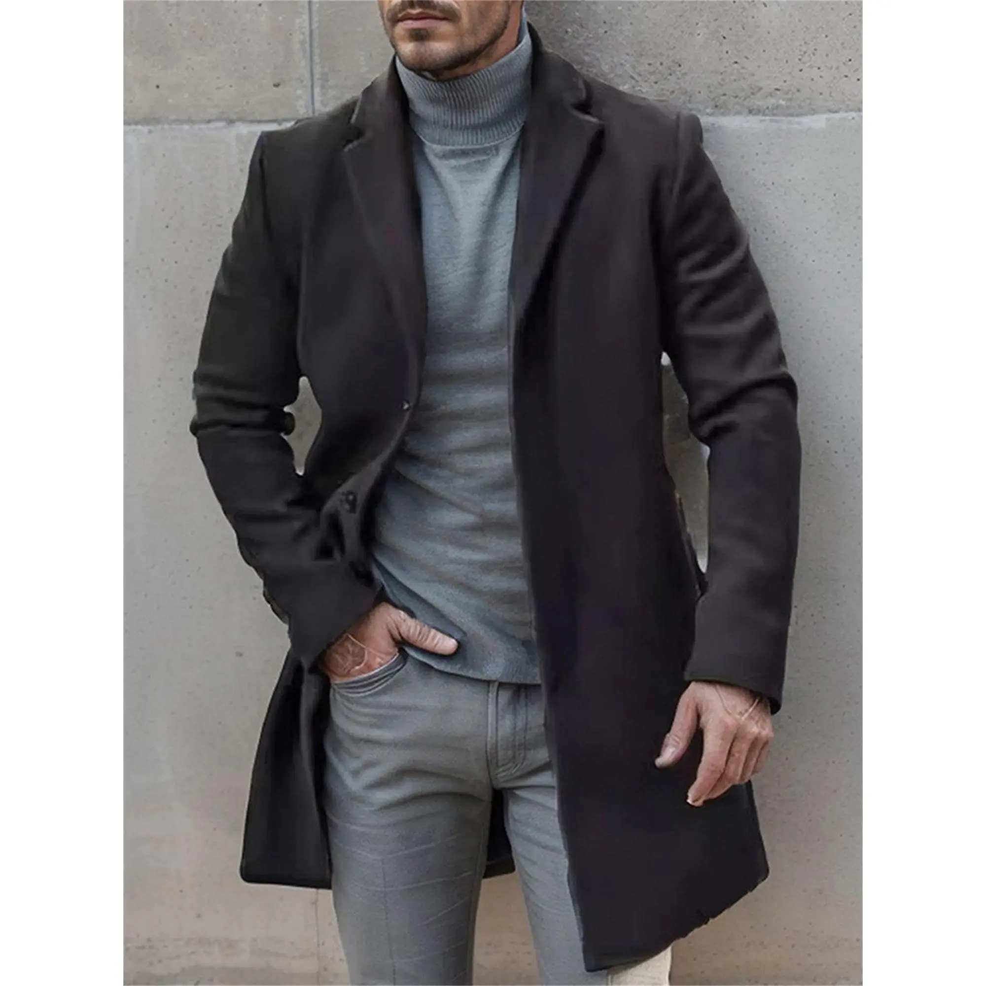 Men's Solid Green Slim Fit Trench Coat - Elegant Button-Up Mid-Length Winter Tops, Long Sleeve Warm Polyester Blend, Chest Pocket Fall/Winter Casual Sophisticated Outerwear, Longsleeves, Jacket, Trench Jacket, Slim Cut, Mid-Length Coat, Front Buttons, Fan