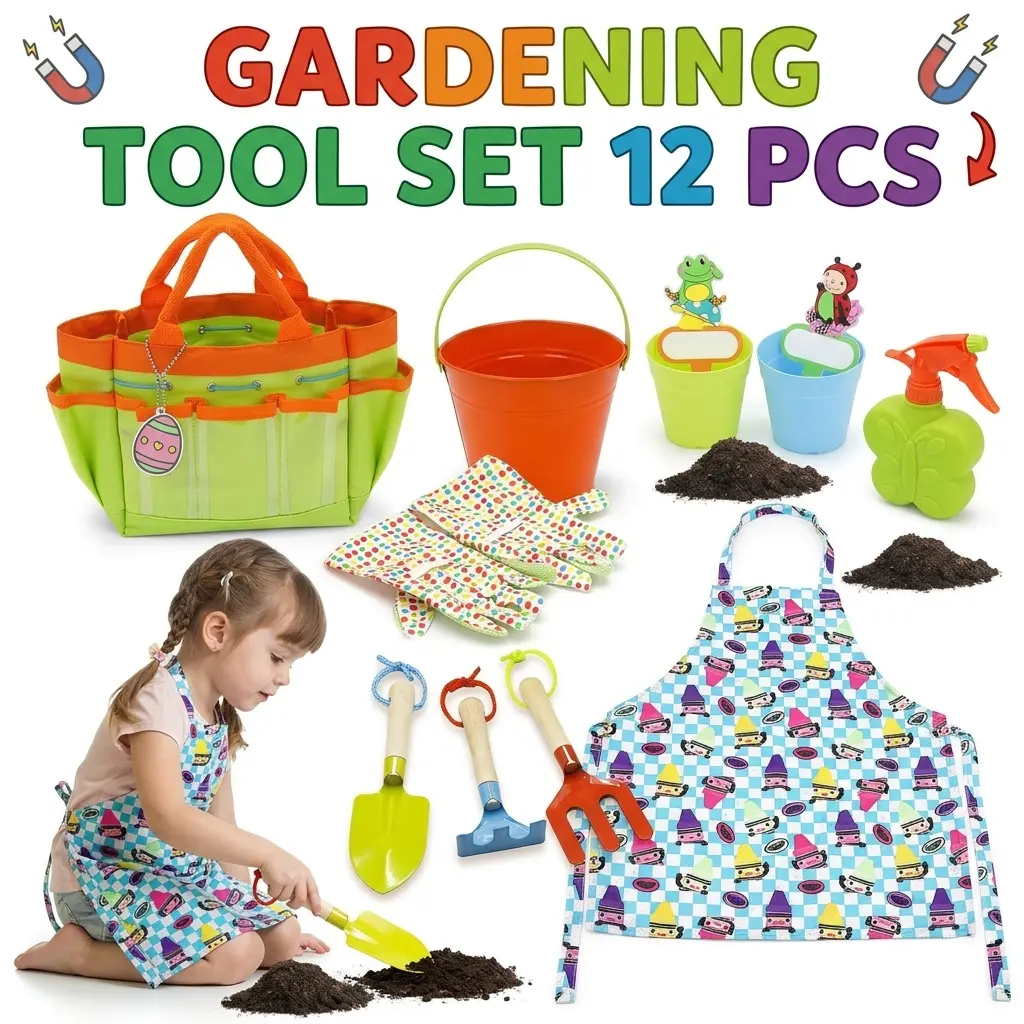EFFUN 7PCS Kids' Gardening Tool Set - Shovel, Rake, Trowel, Watering Can, Apron, Gloves, Tote Bag - Portable Montessori Outdoor Learning Toy, Safe Kids' Gift