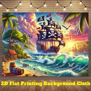 2D Flat, 1pc Pirate Ship Banner - Pirate Flag with Skull & Crossbones, Tropical Ocean Backdrop for Halloween, Birthday, Pirate Party Decorations - Durable Polyester Fabric Photography Background for Indoor/Outdoor, Live Stream Decor - No Electricity