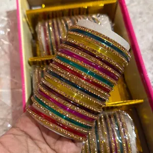 Viral glass jelly bangles, set of 26pcs with Gold Trim and Multicolor Bands for Women's Fashion Accessories