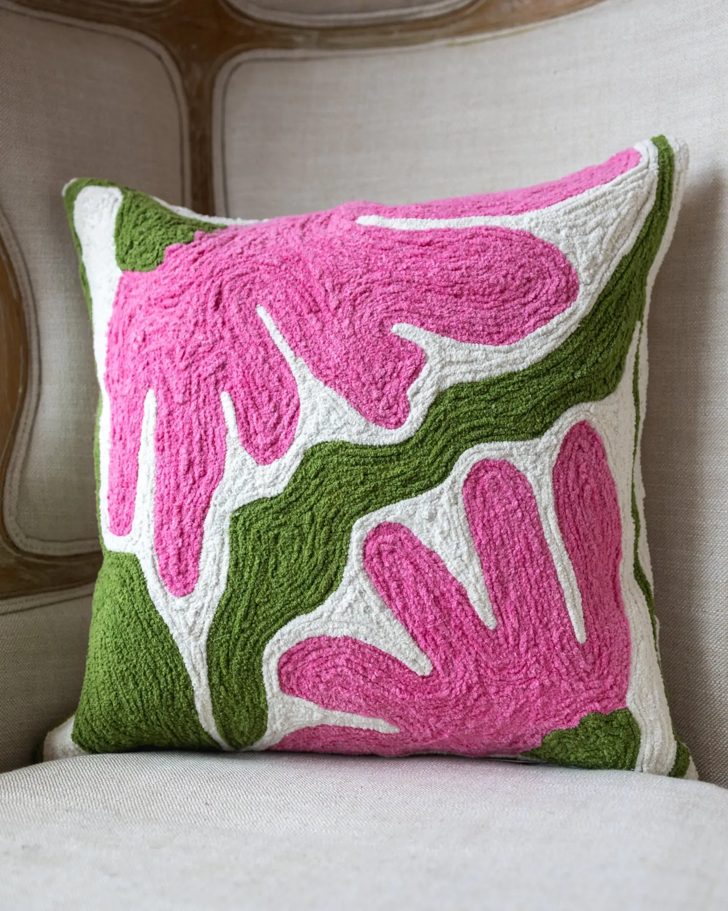 Francine Embroidered Organic Cotton Floral Throw Pillow