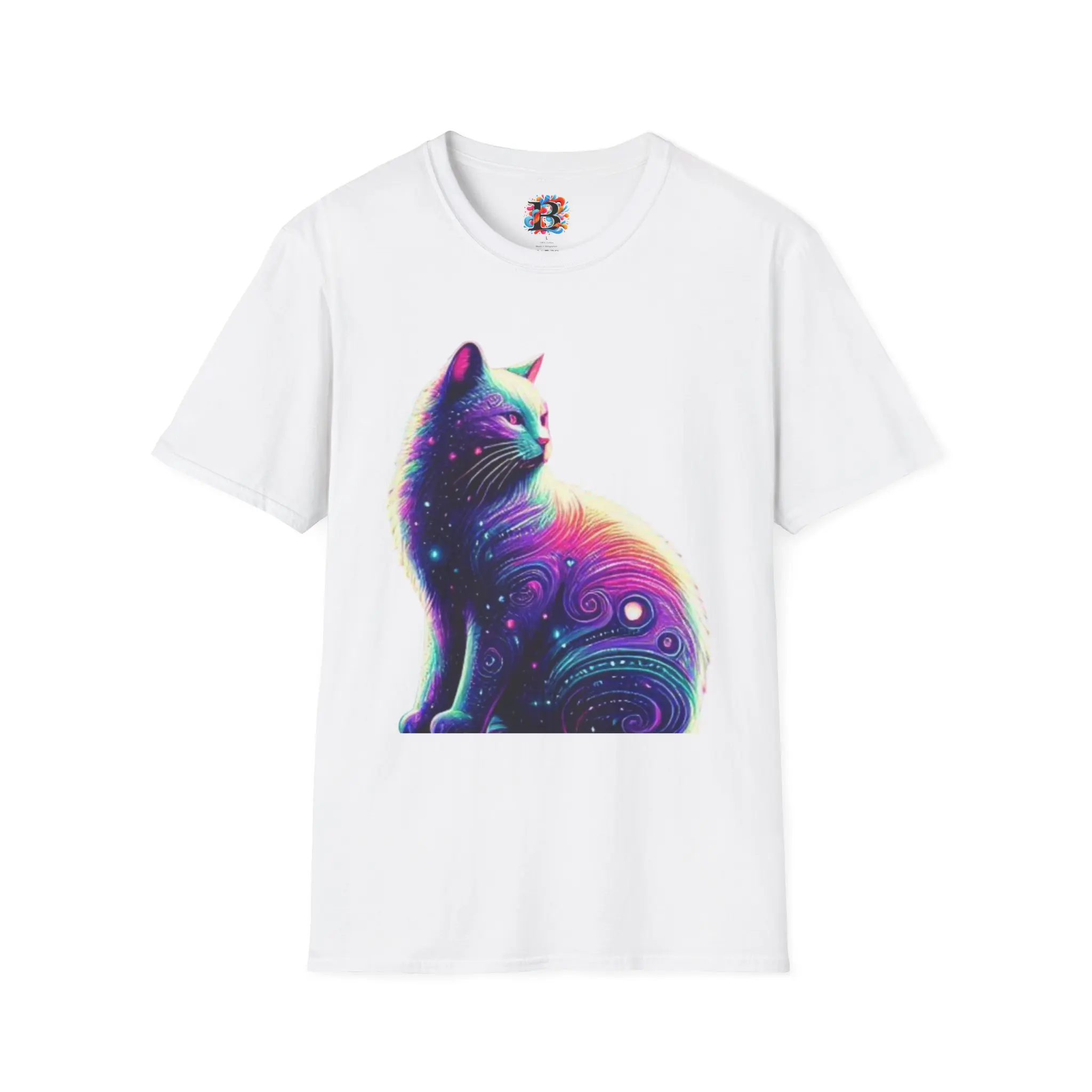 Galaxy Cat T-Shirt | Cosmic Moon Cat Art - Soft Breathable 100% Ring-Spun Cotton Tee with Neon Purple Teal Sunset Pink Design