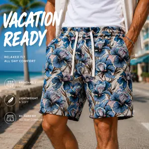 Blue-Purple Iris Print Casual Shorts — Southeast Asian Style Mid-Length Shorts, New