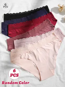 6 Pcs Random Color Seamless Thin Women Underwear, Invisible Bikini Briefs, Lace Panties, Comfortable and Stylish Everyday Wear